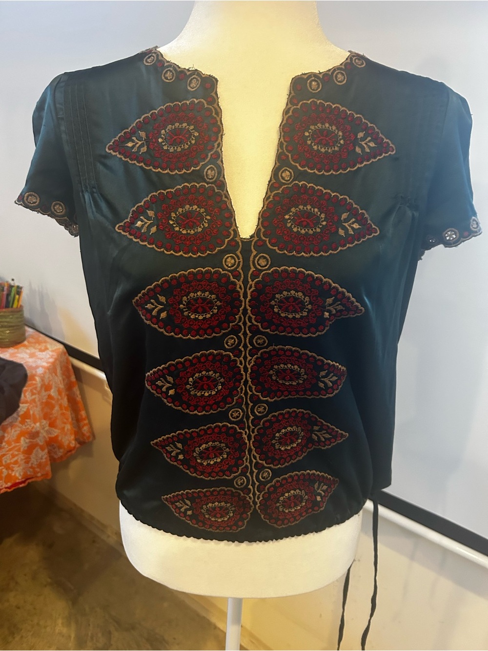 Aryn K Emerald Green Short-Sleeve Embroidered Top with Red and Gold Accents